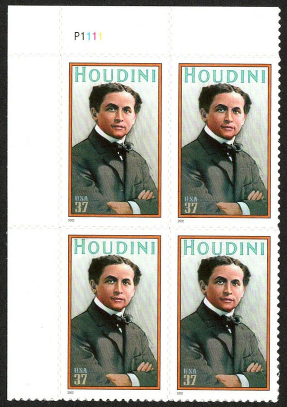 2002 Harry Houdini Plate Block Of 4 37c Postage Stamps - Sc# 3651 - DM173a