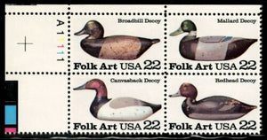 1985 Folk Art Duck Decoy Plate Block Of 4 22c Postage Stamps Sc 2138-2141 - CW214