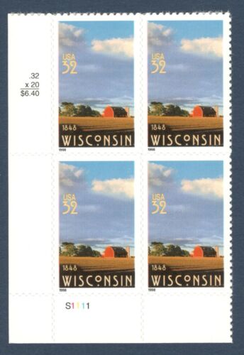 1998 Wisconsin Statehood Plate Block of 4 32c Postage Stamps - MNH, OG - Scott 3206