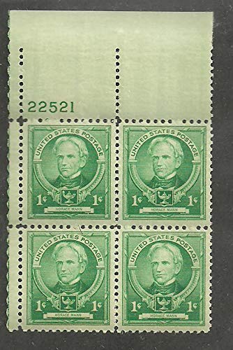 1940 Horace Mann Plate Block of Four 1c Postage Stamps - Scott 869, MNH, OG