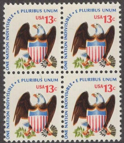 1975 Eagle & Shield Plate Block of 4 13c Postage Stamps - MNH, OG - Scott 1596