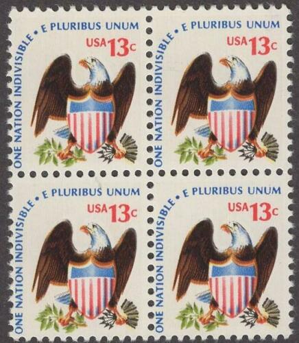 1975 Eagle & Shield Plate Block of 4 13c Postage Stamps - MNH, OG - Sc# 1596
