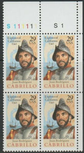 1992 Juan Rodriguez Cabrillo Plate Block of 4 29c Postage Stamps - MNH, OG - Sc# 2704