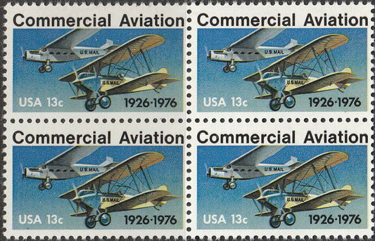 1976 Commercial Aviation Block of 4 13c Postage Stamps - MNH, OG - Scott 1684
