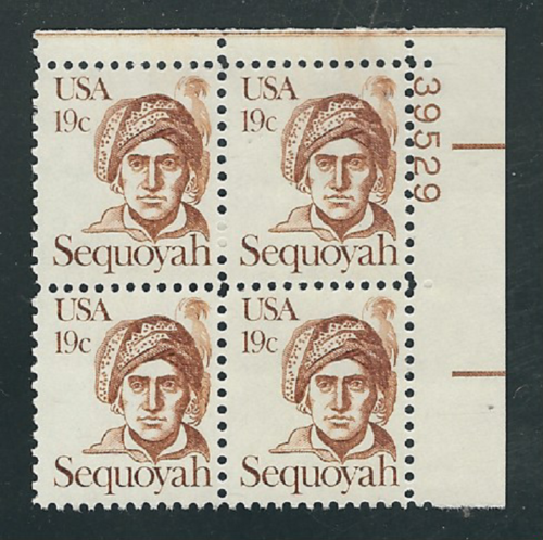 1980 Sequoyah Plate Block of 4 19c Postage Stamps - MNH, OG - Scott 1859
