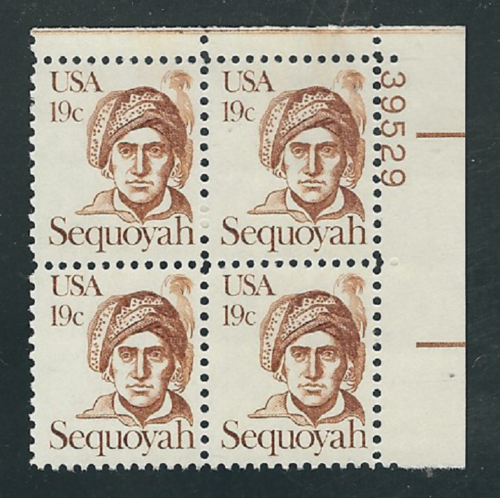 1980 Sequoyah Plate Block of 4 19c Postage Stamps - MNH, OG - Sc# 1859