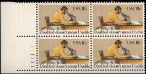 1981 Disabled Does Not Mean Unable Plate Block Of 4 18c Postage Stamps - Sc 1925 - MNH - CW478a