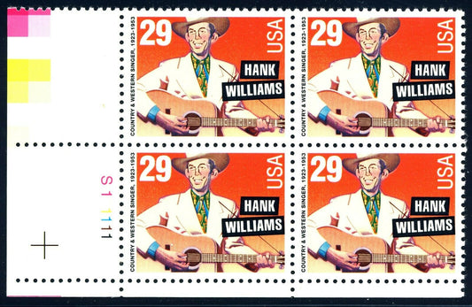 1993 Hank Williams Country Music Plate Block of 4 29c Postage Stamps - MNH, OG - Scott 2723 - DS196b
