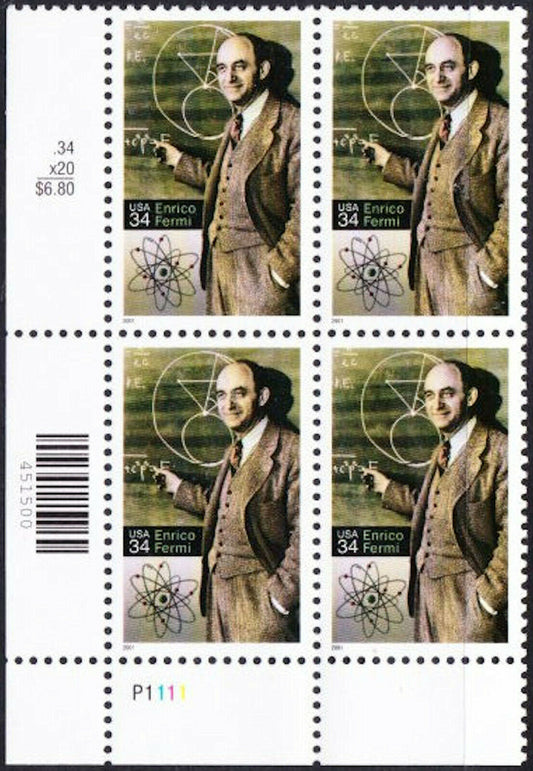 2001 Enrico Fermi - Physicist Plate Block of 4 34c Postage Stamps - MNH, OG - Scott 3533