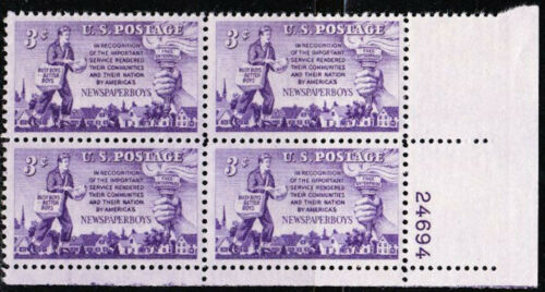 1952 Newspaper Boys Plate Block of 4 3c Postage Stamps - MNH, OG - Scott 1015