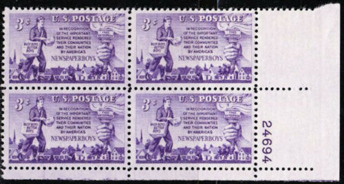 1952 Newspaper Boys Plate Block of 4 3c Postage Stamps - MNH, OG - Sc# 1015