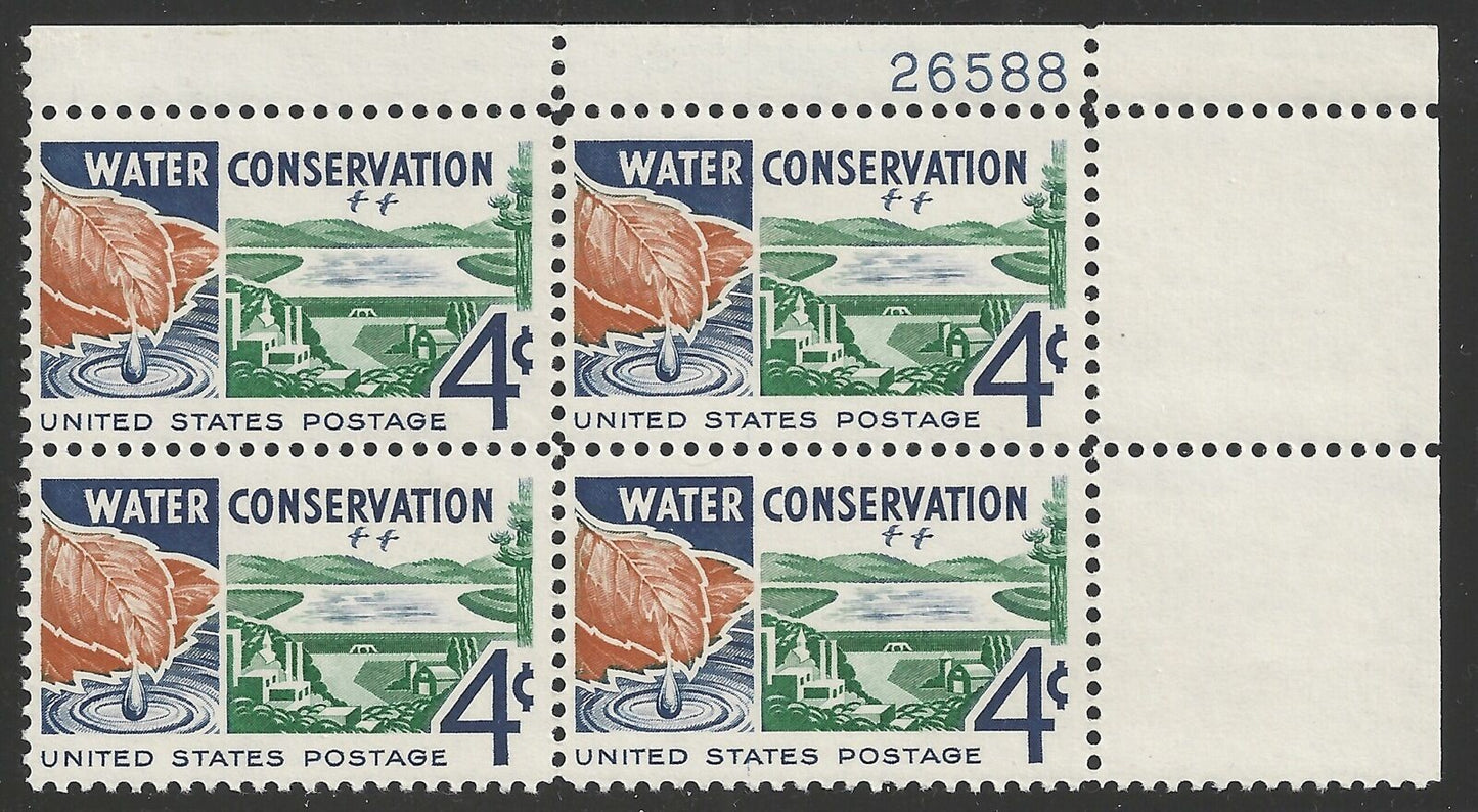 1960 Water Conservation Plate Block of 4 4c Postage Stamps - Scott -1150 - MNH, OG - CX671