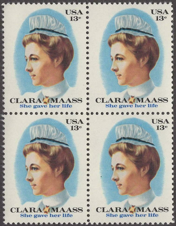 1976 Clara Maass - Malaria - Block Of 4 13c Postage Stamps - Sc# 1699 - MNH, OG - CT43a