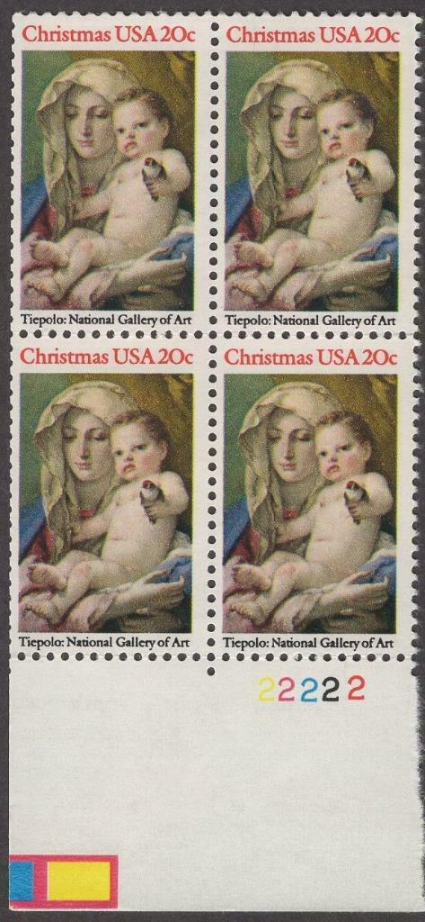 1982 Madonna & Child Tiepolo Plate Block Of 4 20c Postage Stamps - Scott 2026 - MNH - CW411a