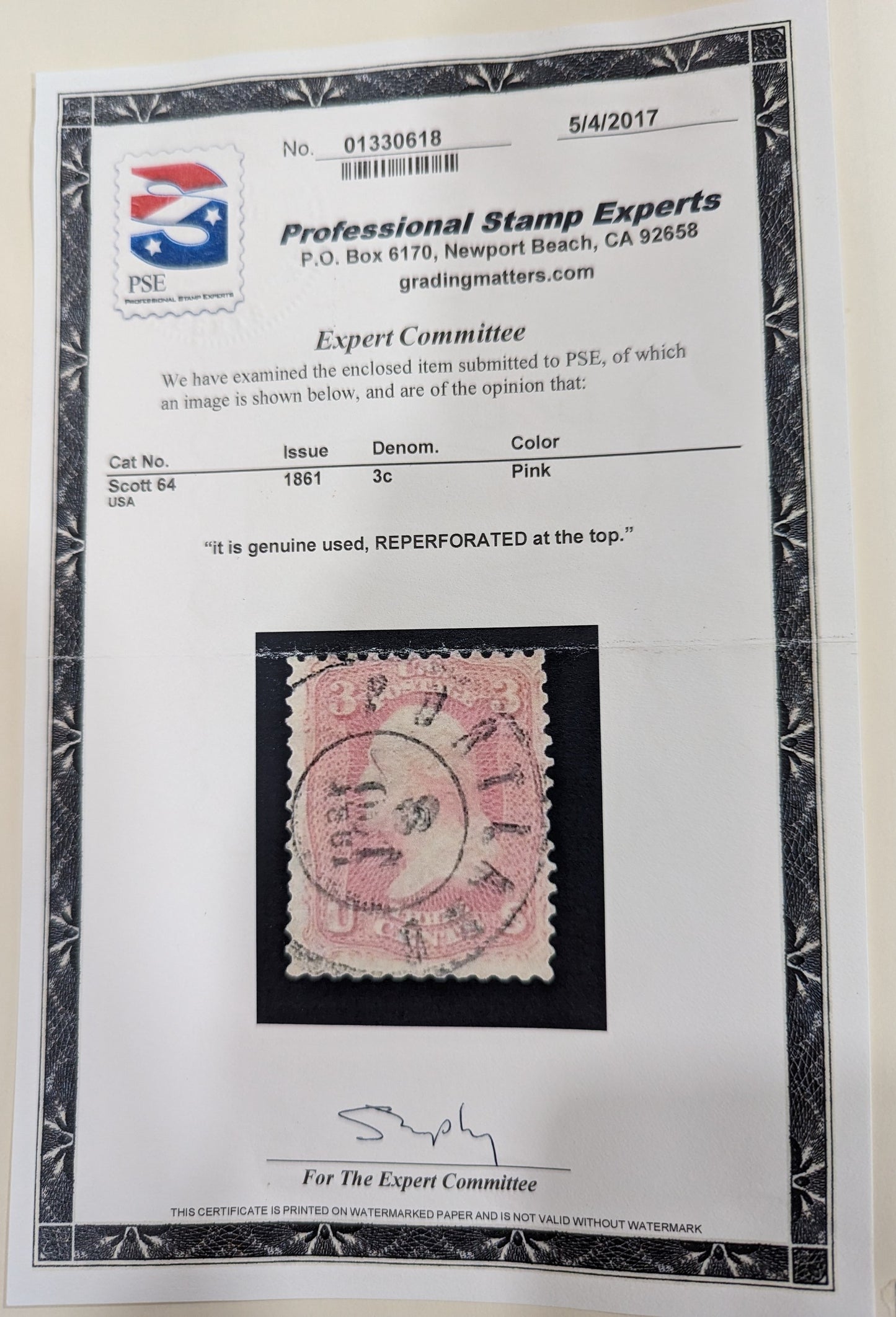 VEGAS - 1861-62 - Scott64 Pink - With 2017 PSE Cert -Portland Date Cancel
