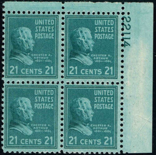 1938 President Chester Arthur Plate Block of 4 21c Postage Stamps -Scott 826 - MNH,OG