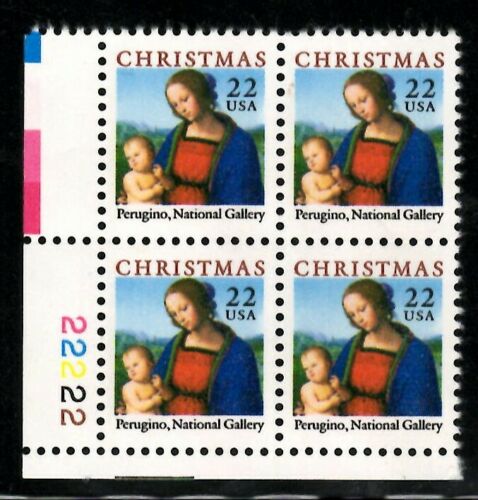 1986 Christmas Madonna By Perugino Plate Block of 4 22c Postage Stamps - MNH, OG - Scott 2244