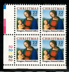 1986 Christmas Madonna By Perugino Plate Block of 4 22c Postage Stamps - MNH, OG - Sc# 2244