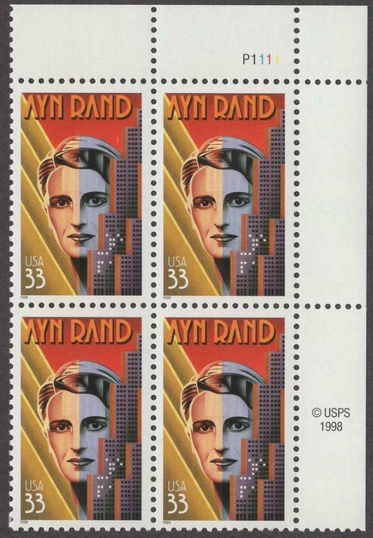 1999 Ayn Rand Plate Block of 4 33c Postage Stamps - MNH, OG - Scott 3308