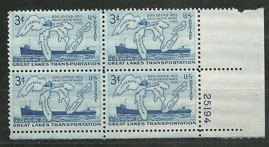 1955 Century Of Great Lakes Transportation Plate Block of 4 Postage Stamps - MNH, OG - Scott 1069