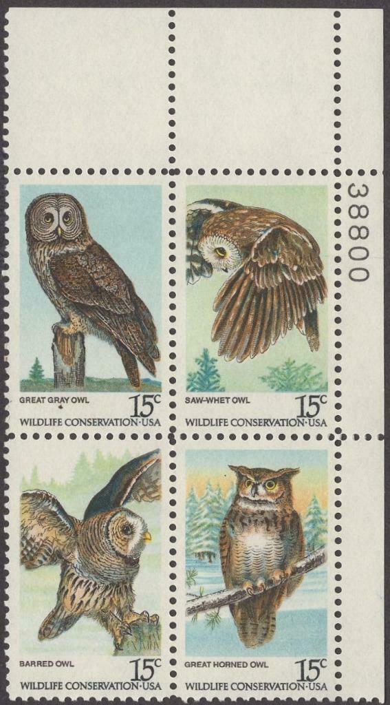 1978 Wildlife Conservation Owls Plate Block Of 4 15c Postage Stamps - MNH, OG - Scott 1760-1763 - CX315