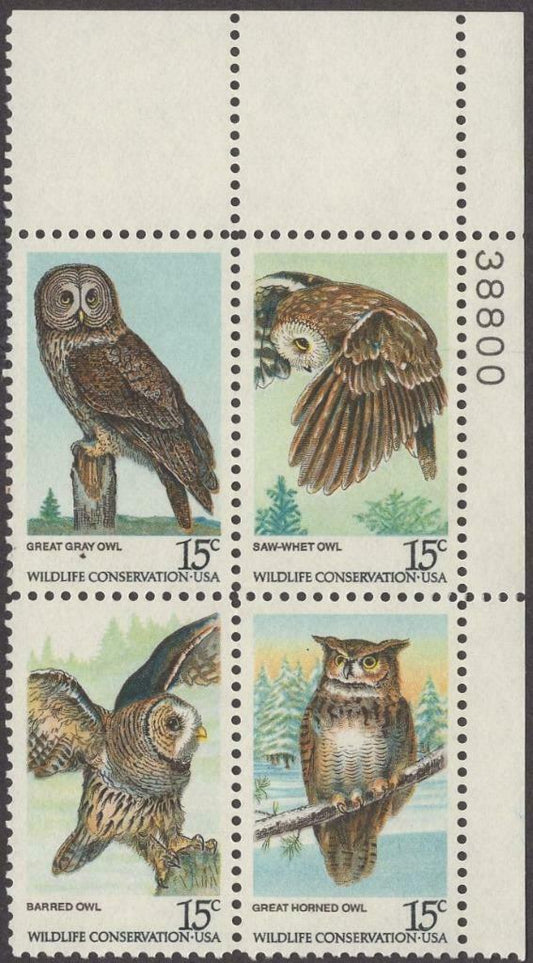 1978 Wildlife Conservation Owls Plate Block Of 4 15c Postage Stamps - MNH, OG - Scott 1760-1763 - CX315