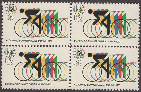 1972 Munich Olympics Cycling Block of 4 8c Postage Stamps - MNH, OG - Sc# 1460