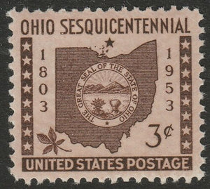 1953 Ohio Statehood Single 3c Postage Stamp - Sc# 1018 - MNH, OG - DS151b