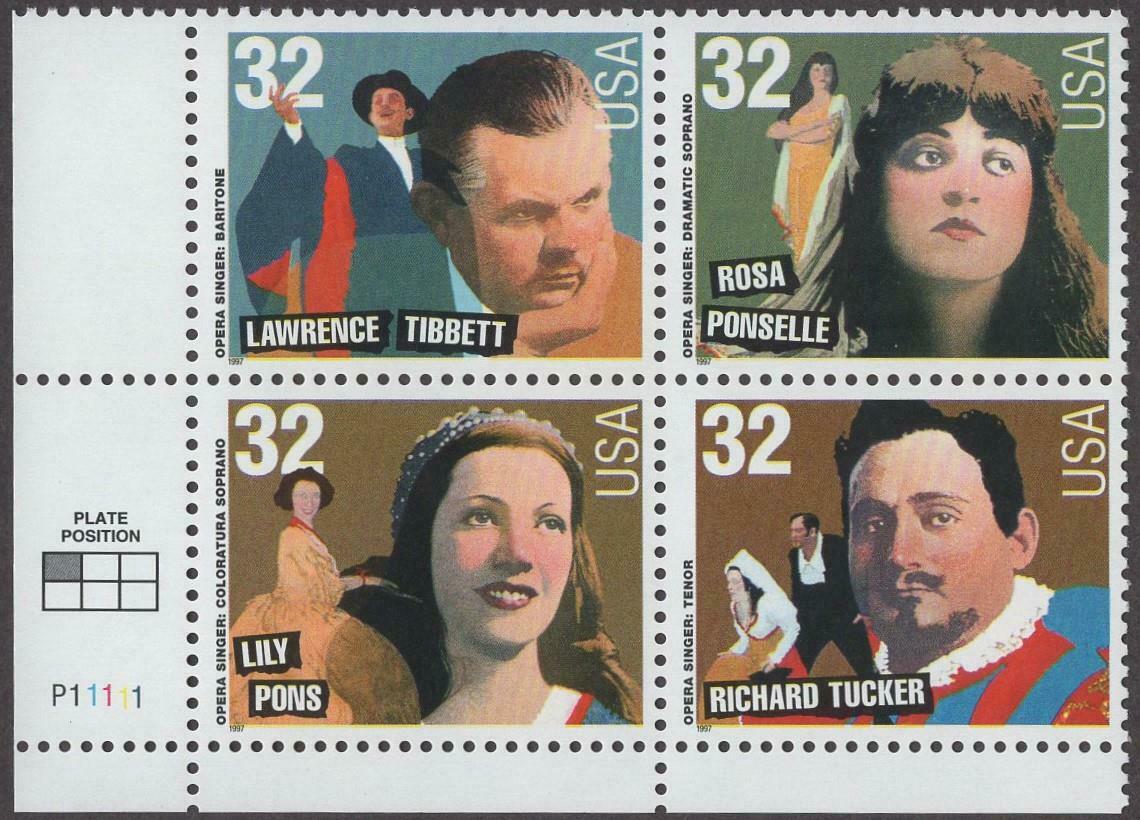 1997 Opera Singers Plate Block Of 4 32c Postage Stamps - Scott 3154-3157 - MNH, OG - CW316a