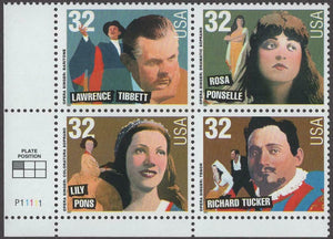 1997 Opera Singers Plate Block Of 4 32c Postage Stamps - Sc# 3154-3157 - MNH, OG - CW316a