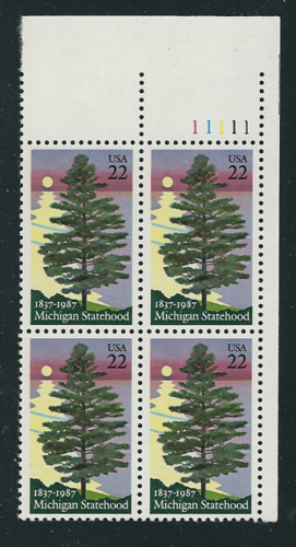 1987 Michigan Statehood Plate Block of 4 22c Postage Stamps - MNH, OG - Scott 2246