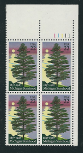 1987 Michigan Statehood Plate Block of 4 22c Postage Stamps - MNH, OG - Sc# 2246