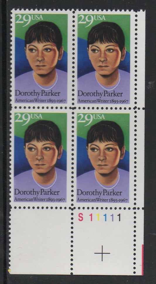 1992 Dorothy Parker Writer Plate Block of 4 29c Postage Stamps - MNH, OG - Scott 2698 - BC31b