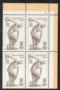1996 Centennial Olympic Games Plate Block of 4 32c Postage Stamps - MNH, OG - Sc# 3087