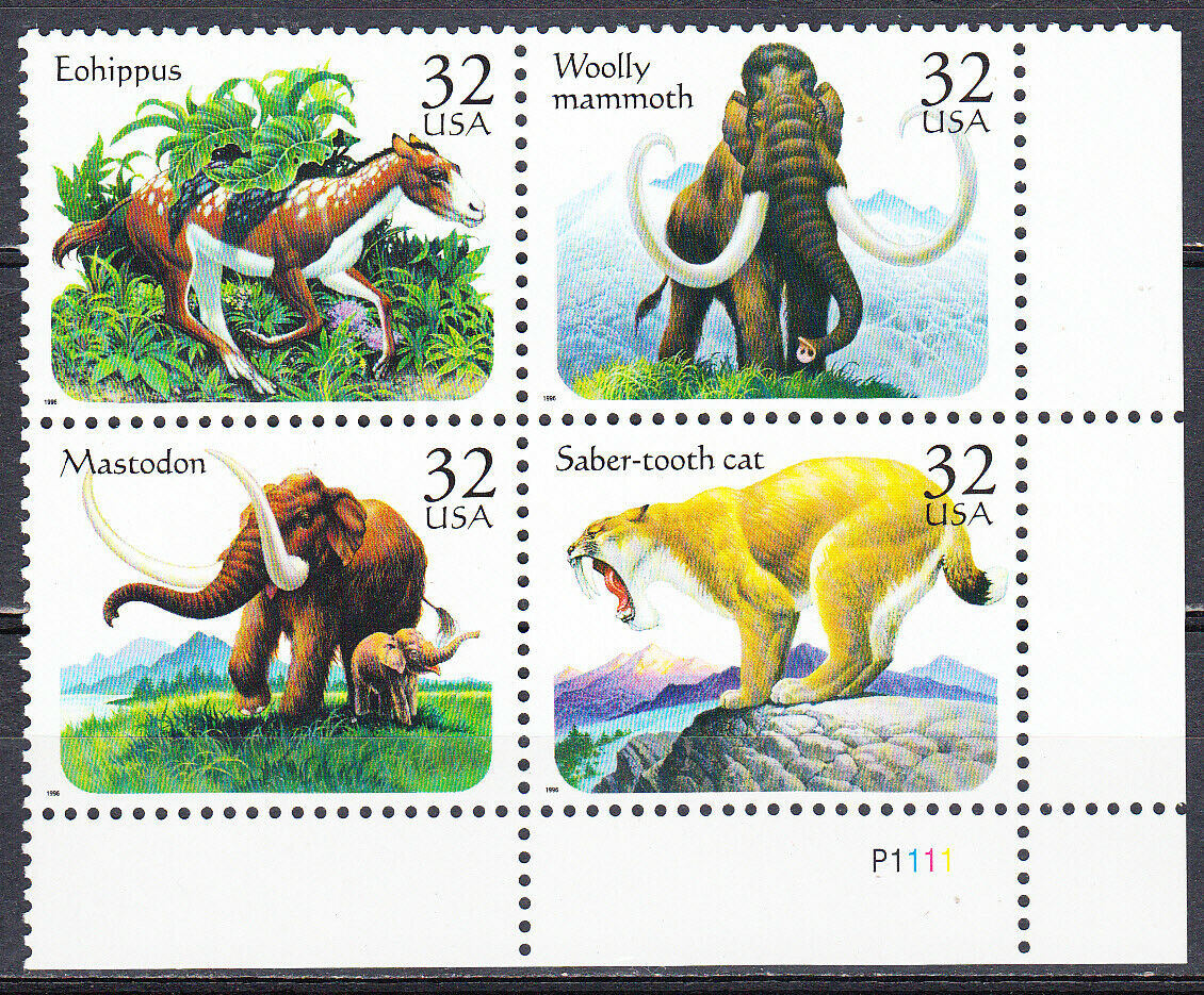 1996 USA Prehistoric Animals Plate Block Of 4 32c Stamps - MNH, OG - Scott# 3077-3080 - CX389