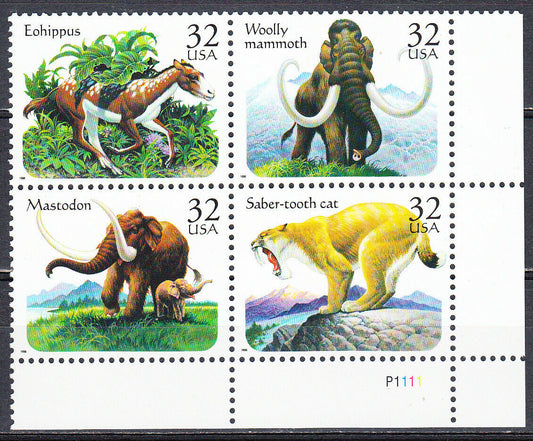 1996 USA Prehistoric Animals Plate Block Of 4 32c Stamps - MNH, OG - Scott# 3077-3080 - CX389