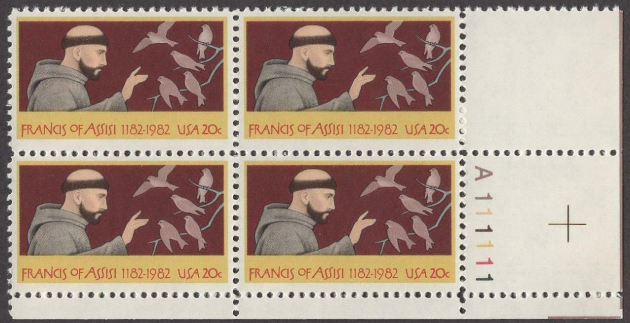 1982 Saint Francis Of Assisi Plate Block of 4 20c Postage Stamps - MNH, OG - Scott 2023