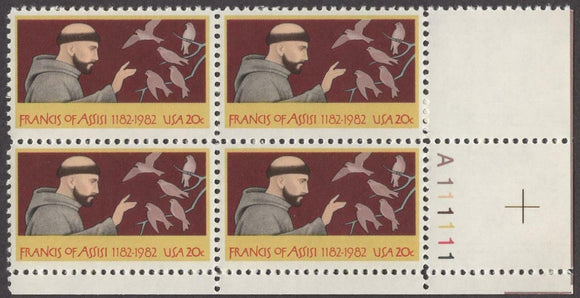 1982 Saint Francis Of Assisi Plate Block of 4 20c Postage Stamps - MNH, OG - Sc# 2023