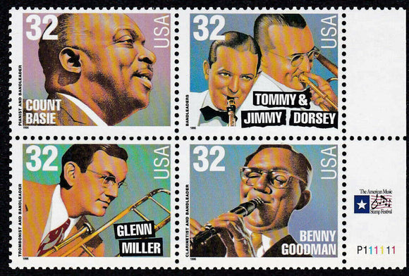 1996 Big Band Leaders Plate Block Of 4 32c Postage Stamps - MNH, OG - Sc# 3096-3099 - CX390