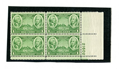1936 Army - George Washington Plate Block of 4 1c Postage Stamps - Scott 785 -  MNH,OG