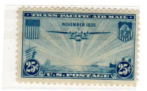 1935 The China Clipper Over the Pacific, Transpacific Airmail Postage Stamp Sc# C20 -  MNH,OG