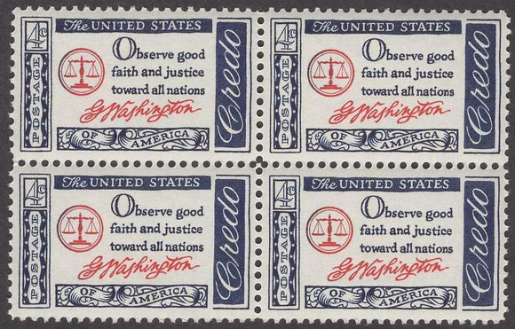 1960 -61 George Washington Credo Block of 4 4c Postage Stamps - Sc# 1139 - MNH, OG - CT86a