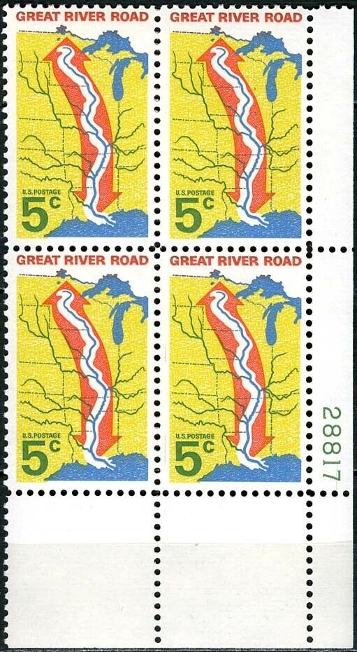 1966 Great River Road Plate Block Of 4 5c Postage Stamps - MNH, OG - Scott 1319`- CX238