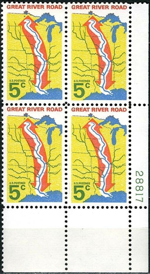 1966 Great River Road Plate Block Of 4 5c Postage Stamps - MNH, OG - Sc# 1319`- CX238