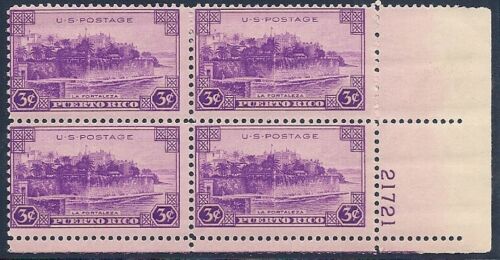 1937 Puerto Rico Territory Plate Block of 4 3c Postage Stamps - MNH, OG - Scott 801