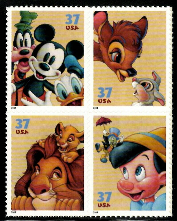 2004 Disney Friendship Block Of 4 37c Postage Stamps- Sc# - 3865-3868 - MNH, OG - CX742