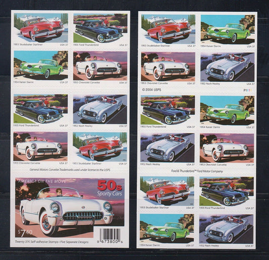 2005 USA 50s Sporty Cars Booklet Pane of 20 37c Postage Stamps Scott 3931-3935 - MNH, OG - DM106