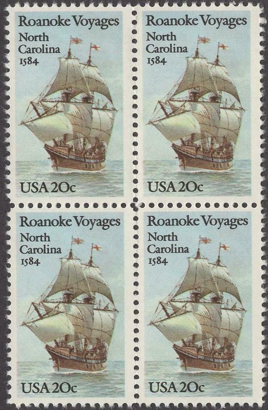 1984 Roanoke Voyages Block Of 4 20c Postage Stamps - Scott 2093 - MNH, OG - CW34b