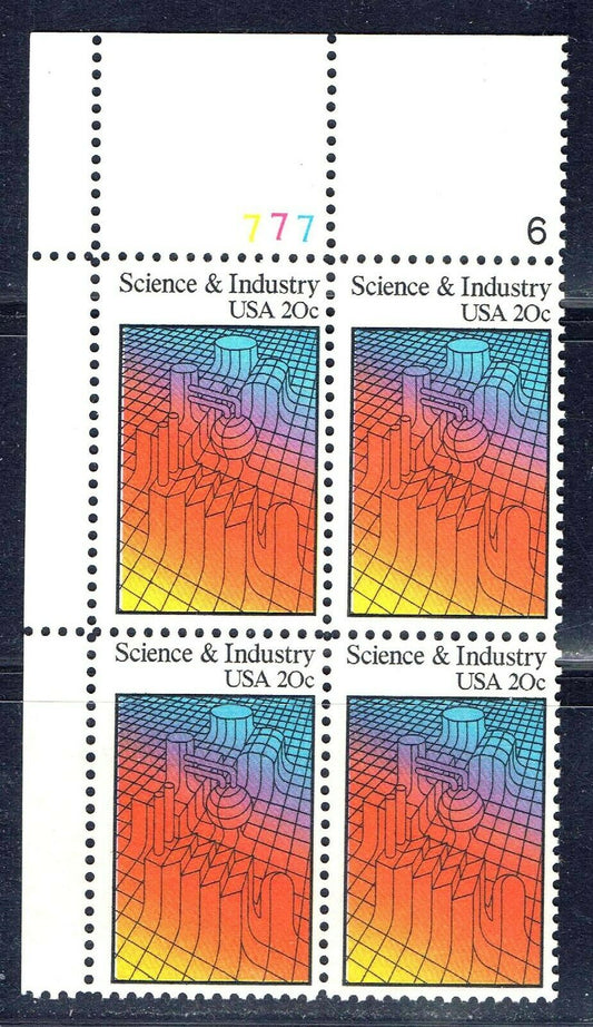 1983 Science & Industry Plate Block of 4 20c Postage Stamps - MNH, OG - Scott 2031