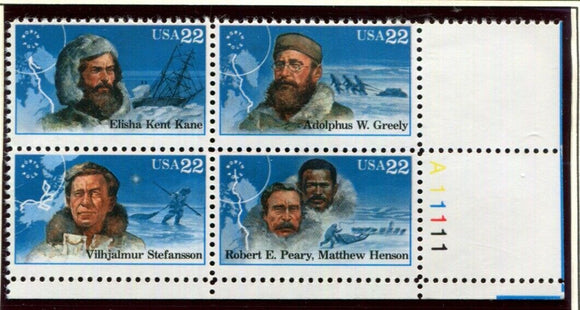 1986 Arctic Explorers Plate Block Of 4 22c Postage Stamps - Sc 2220-2223 - MNH, OG - CX874